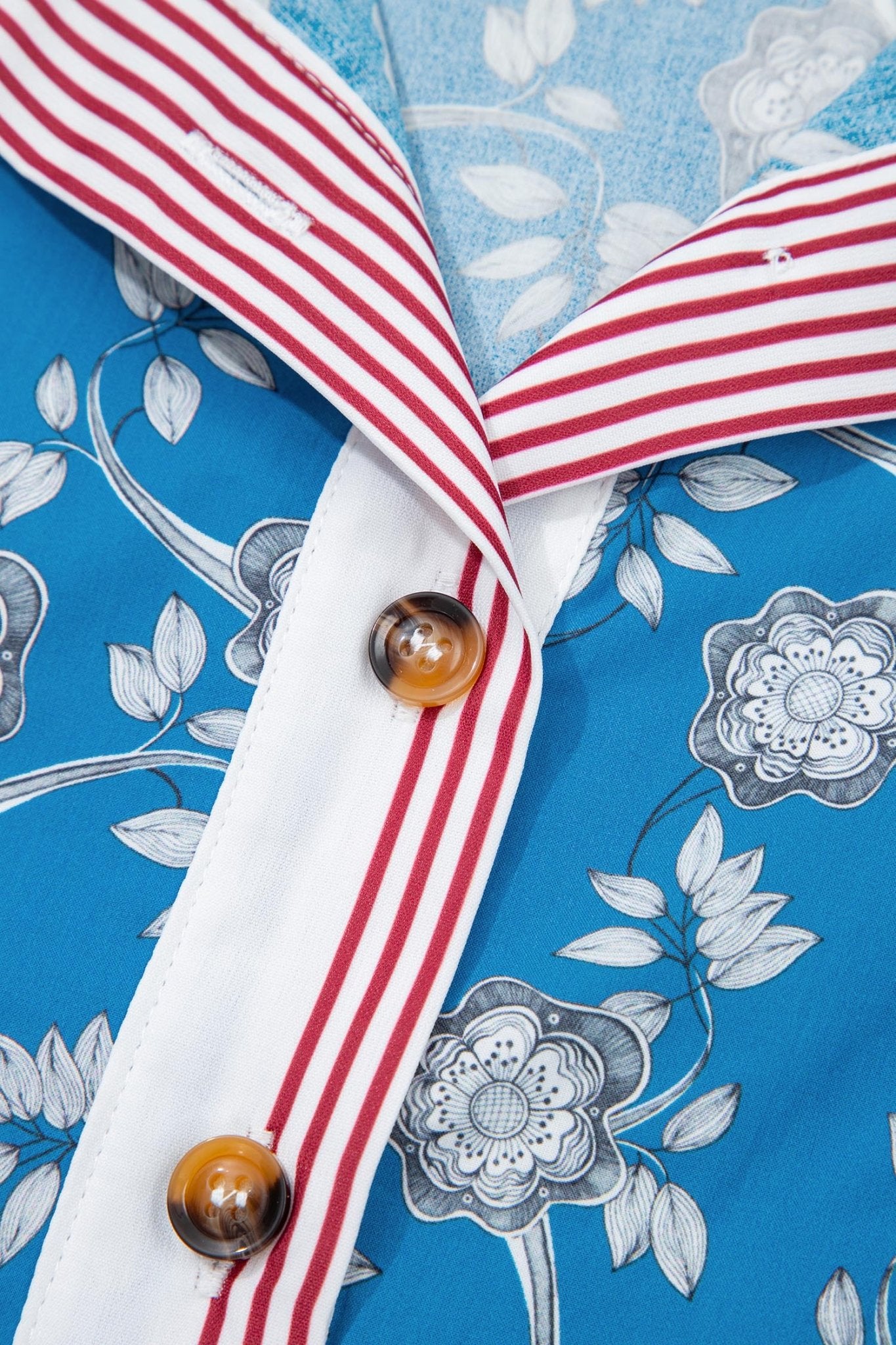 Floral Stripe Trim Button Neck Short Sleeve Blouse - Rooted & Reckless Co.