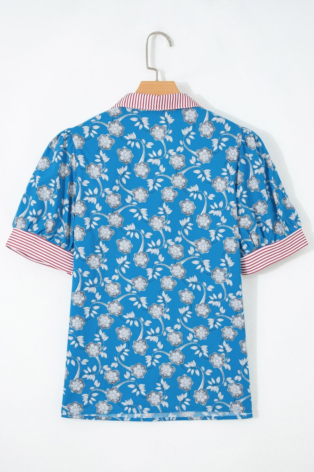 Floral Stripe Trim Button Neck Short Sleeve Blouse - Rooted & Reckless Co.