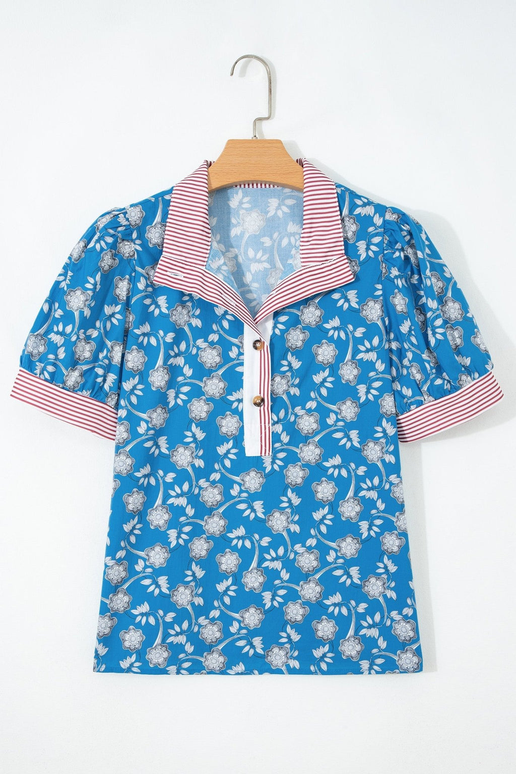 Floral Stripe Trim Button Neck Short Sleeve Blouse - Rooted & Reckless Co.