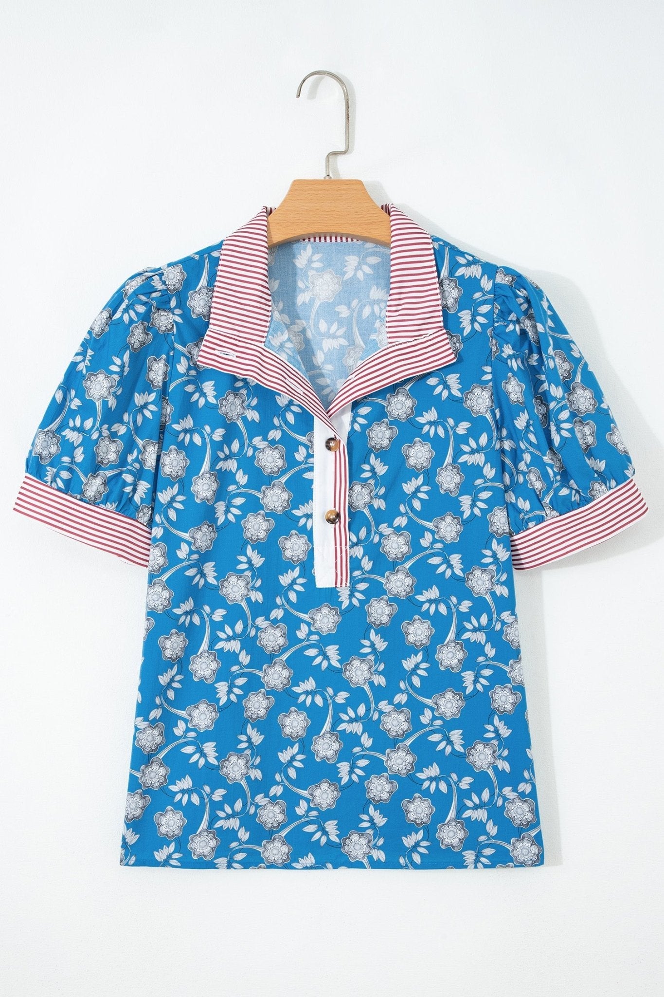 Floral Stripe Trim Button Neck Short Sleeve Blouse - Rooted & Reckless Co.