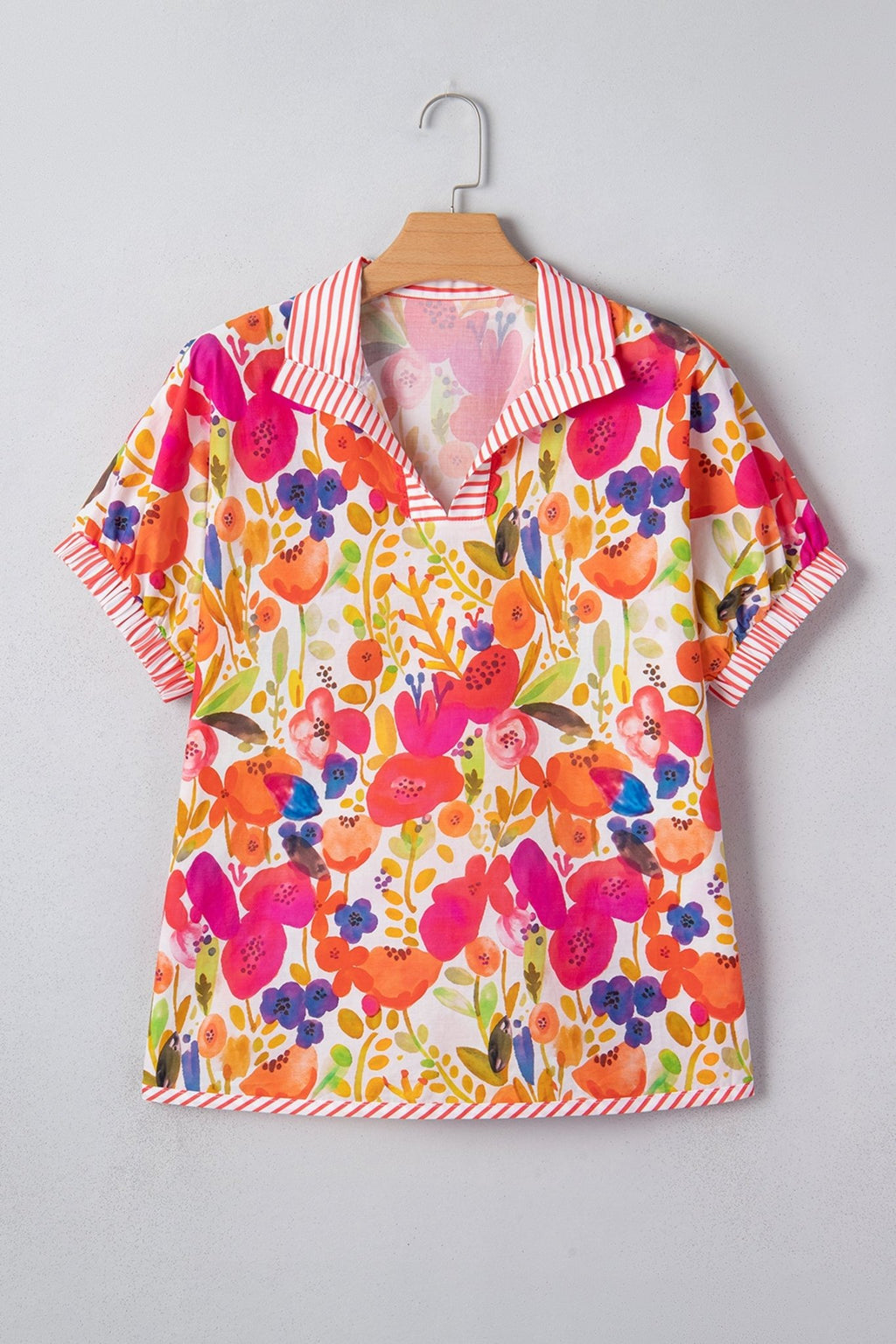 Floral Stripe Trim Collared V-Neck Blouse - Rooted & Reckless Co.