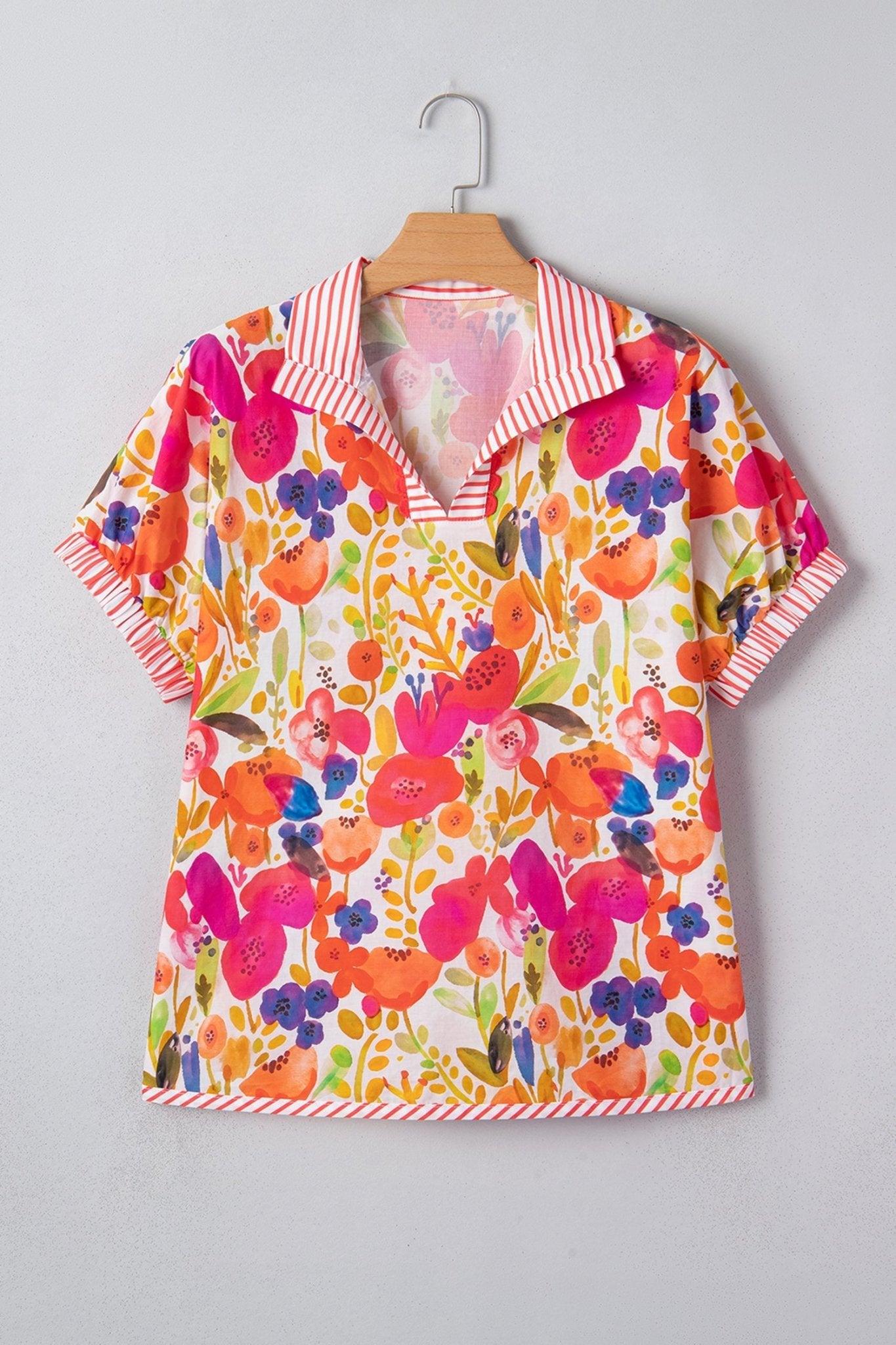 Floral Stripe Trim Collared V-Neck Blouse - Rooted & Reckless Co.
