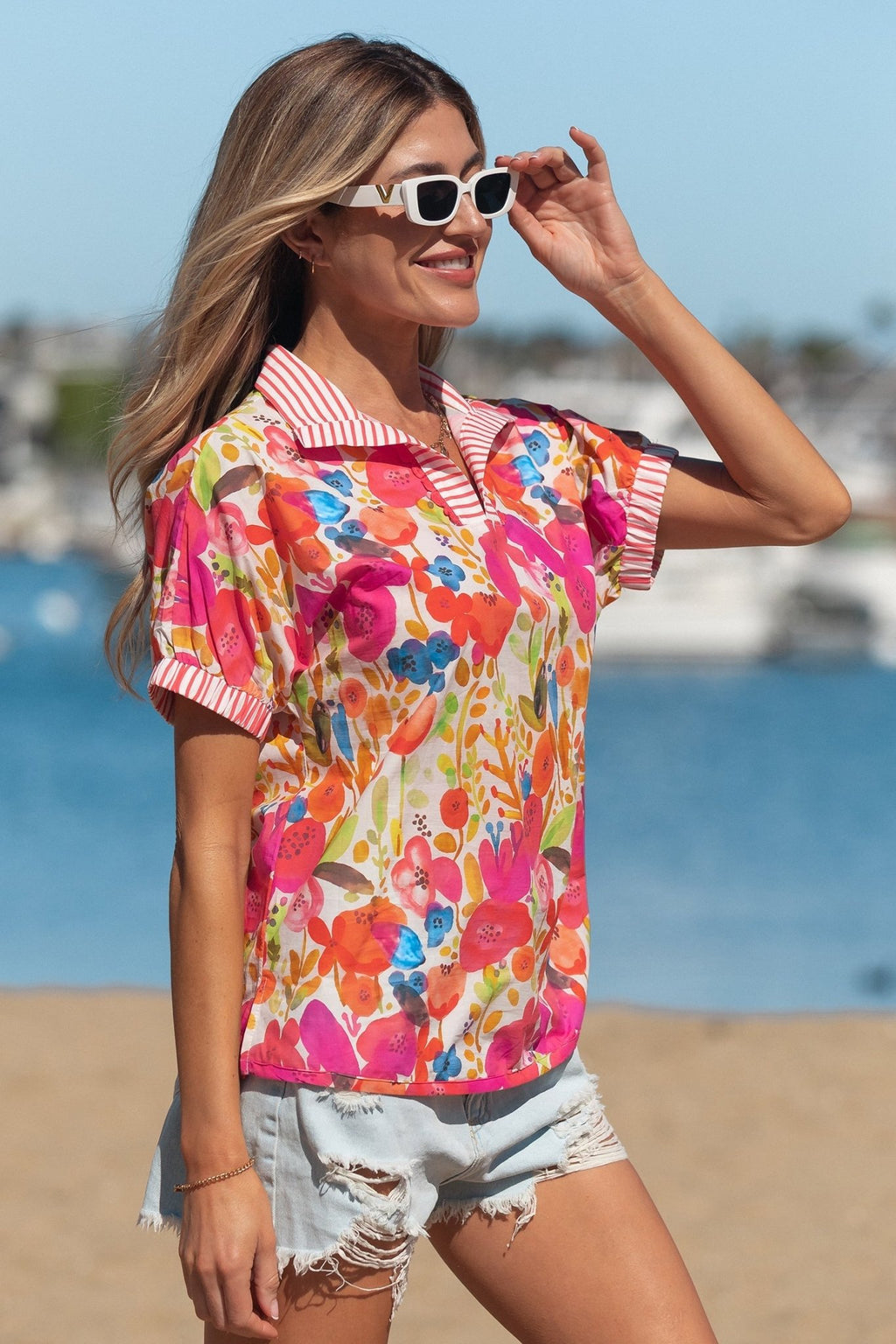 Floral Stripe Trim Collared V-Neck Blouse - Rooted & Reckless Co.