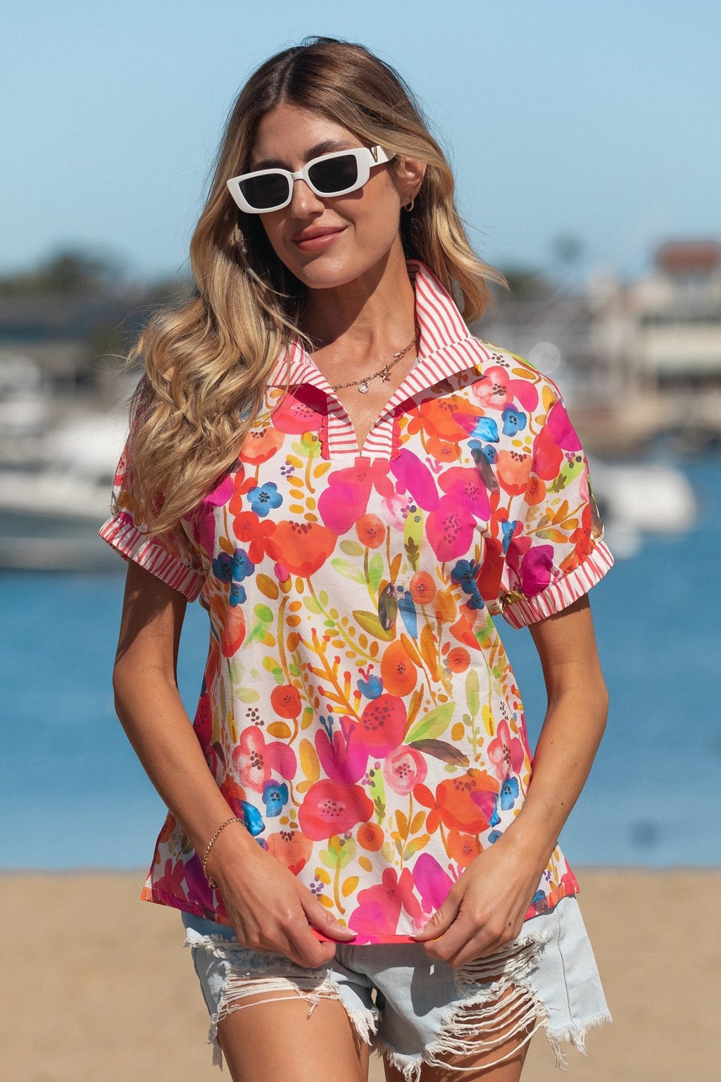 Floral Stripe Trim Collared V-Neck Blouse - Rooted & Reckless Co.