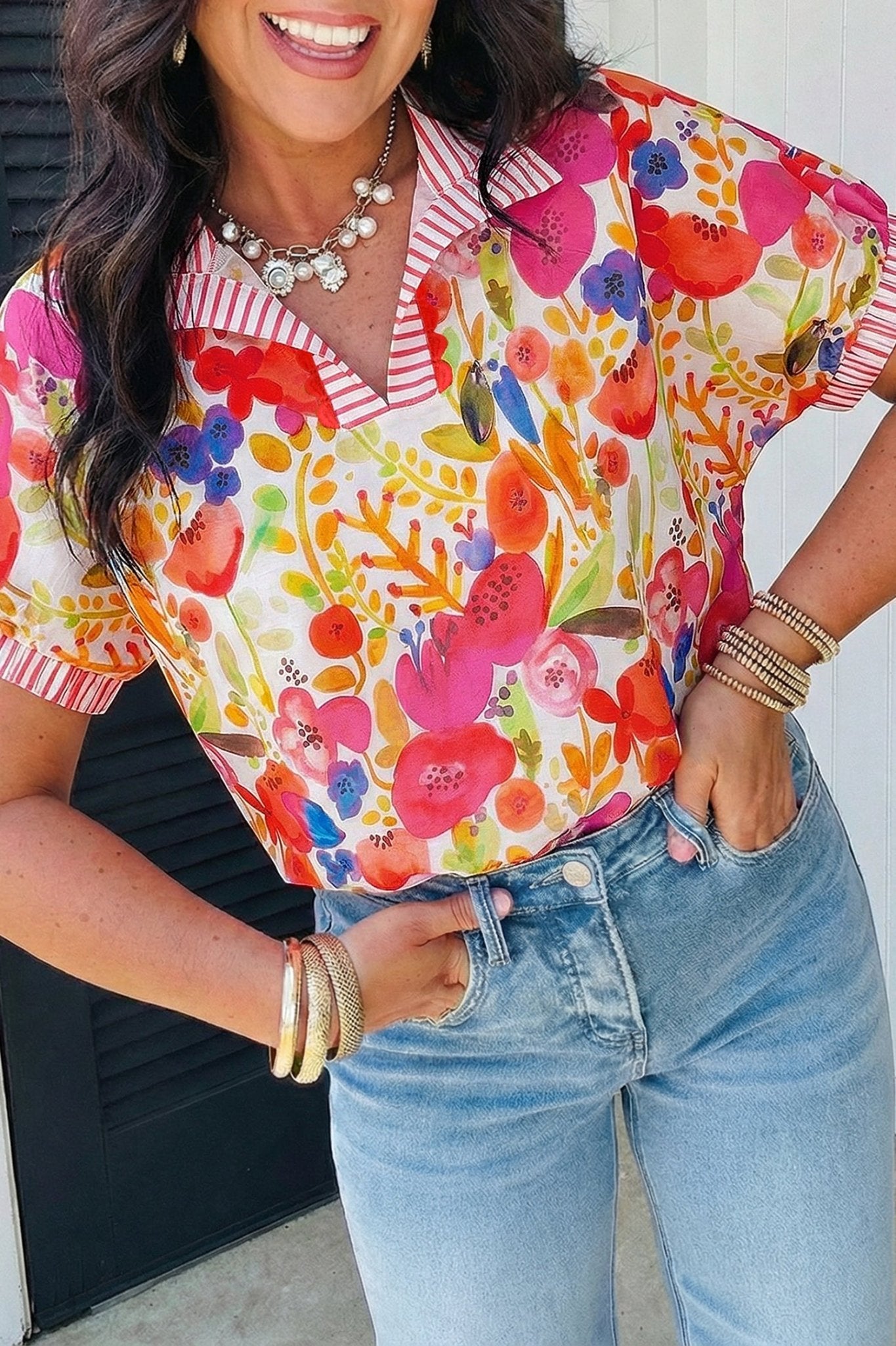 Floral Stripe Trim Collared V-Neck Blouse - Rooted & Reckless Co.