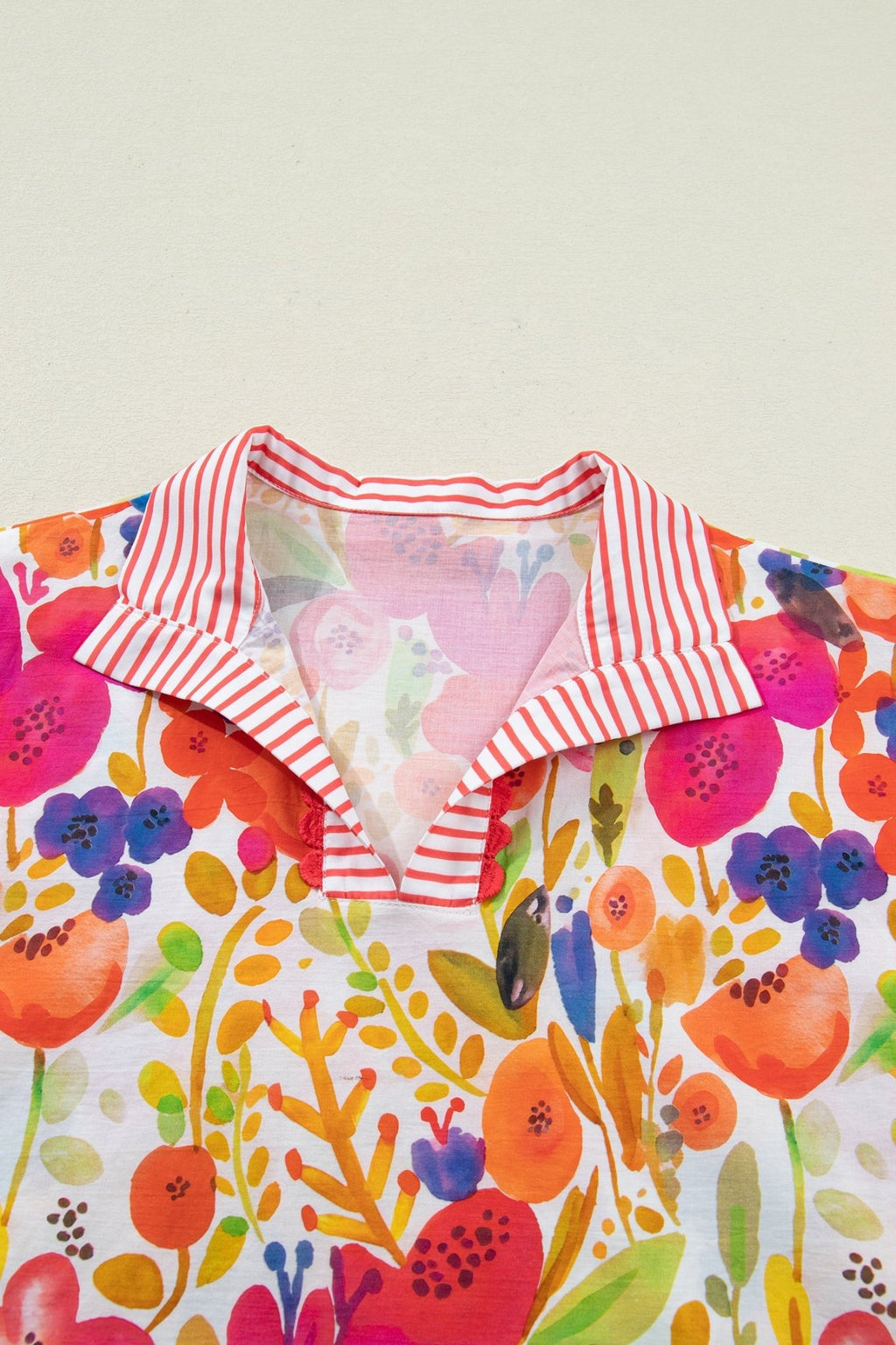 Floral Stripe Trim Collared V-Neck Blouse - Rooted & Reckless Co.