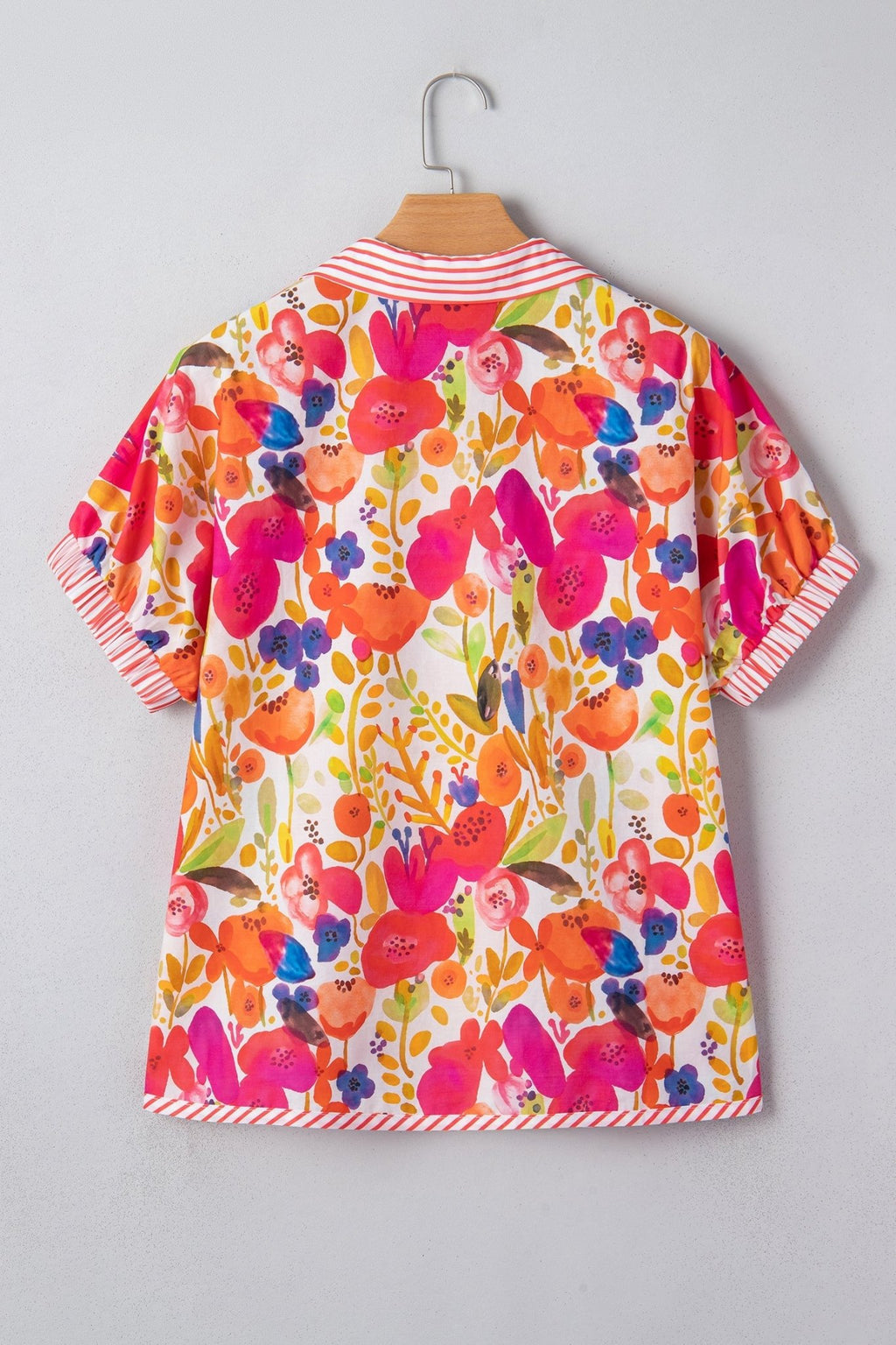 Floral Stripe Trim Collared V-Neck Blouse - Rooted & Reckless Co.