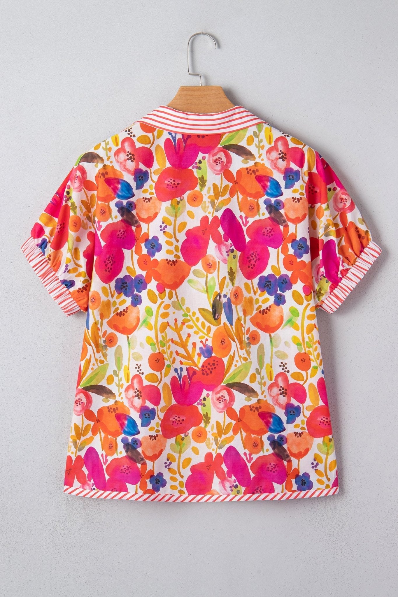 Floral Stripe Trim Collared V-Neck Blouse - Rooted & Reckless Co.