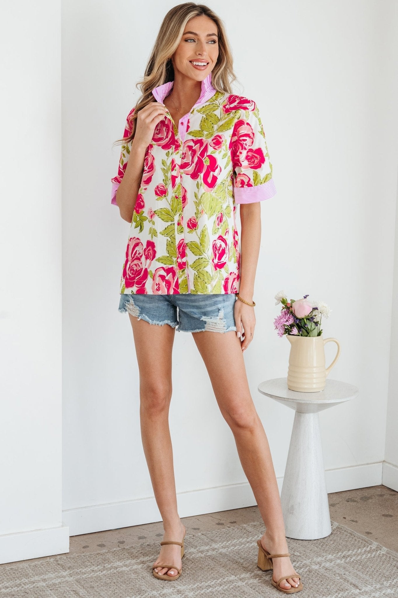 Floral Stripe Trim Frilled Collar Short Sleeve Shirt - Rooted & Reckless Co.