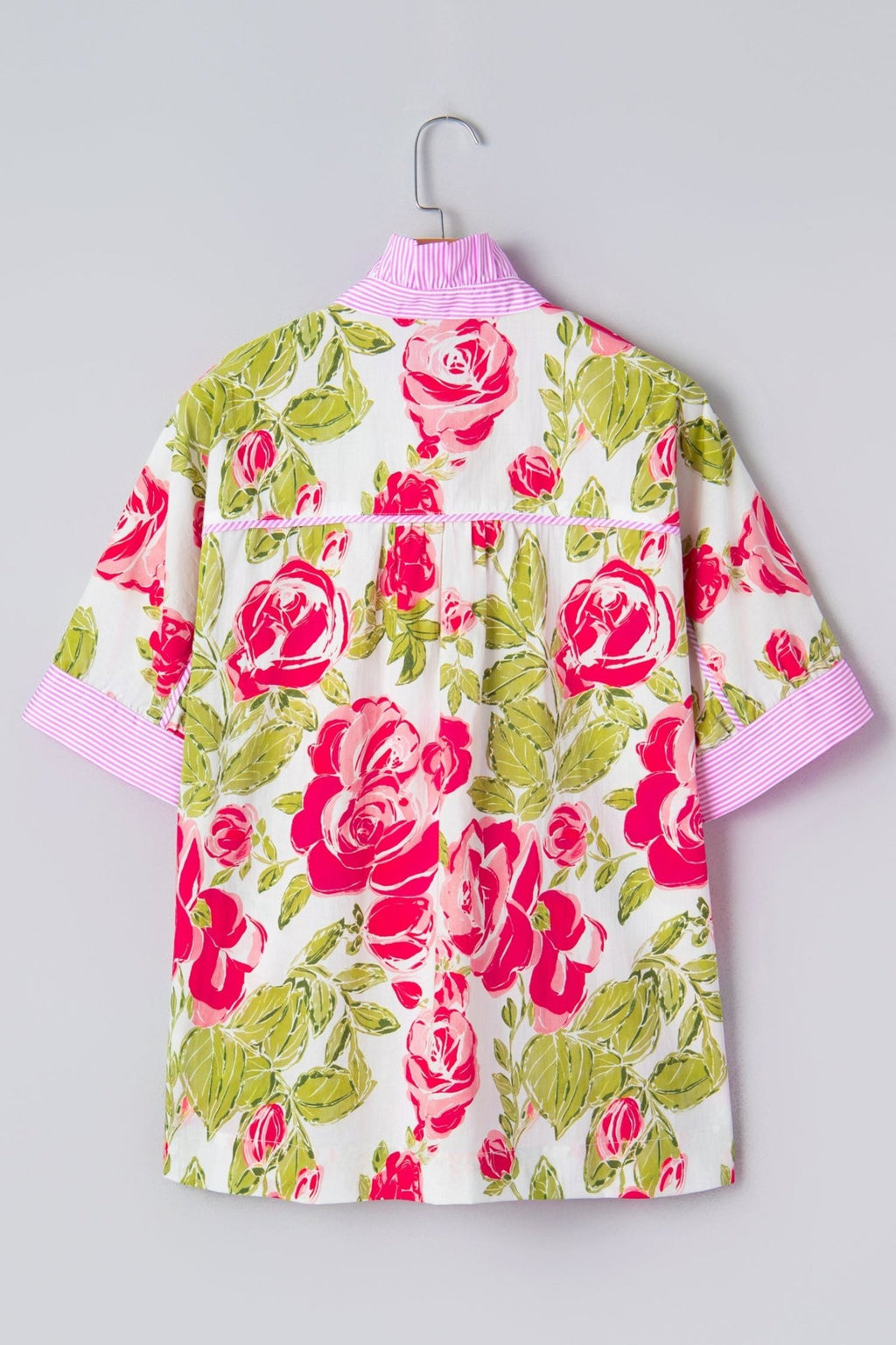Floral Stripe Trim Frilled Collar Short Sleeve Shirt - Rooted & Reckless Co.