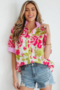 Floral Stripe Trim Frilled Collar Short Sleeve Shirt - Rooted & Reckless Co.