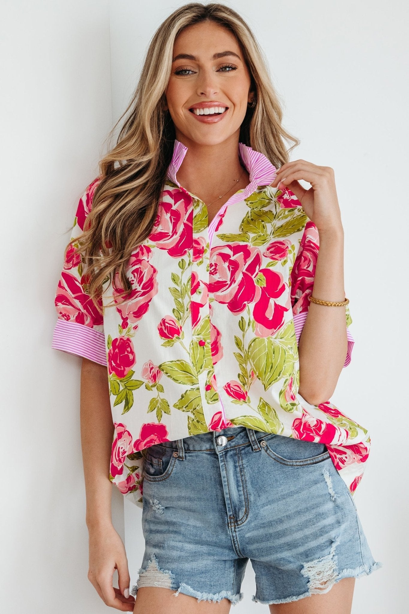 Floral Stripe Trim Frilled Collar Short Sleeve Shirt - Rooted & Reckless Co.