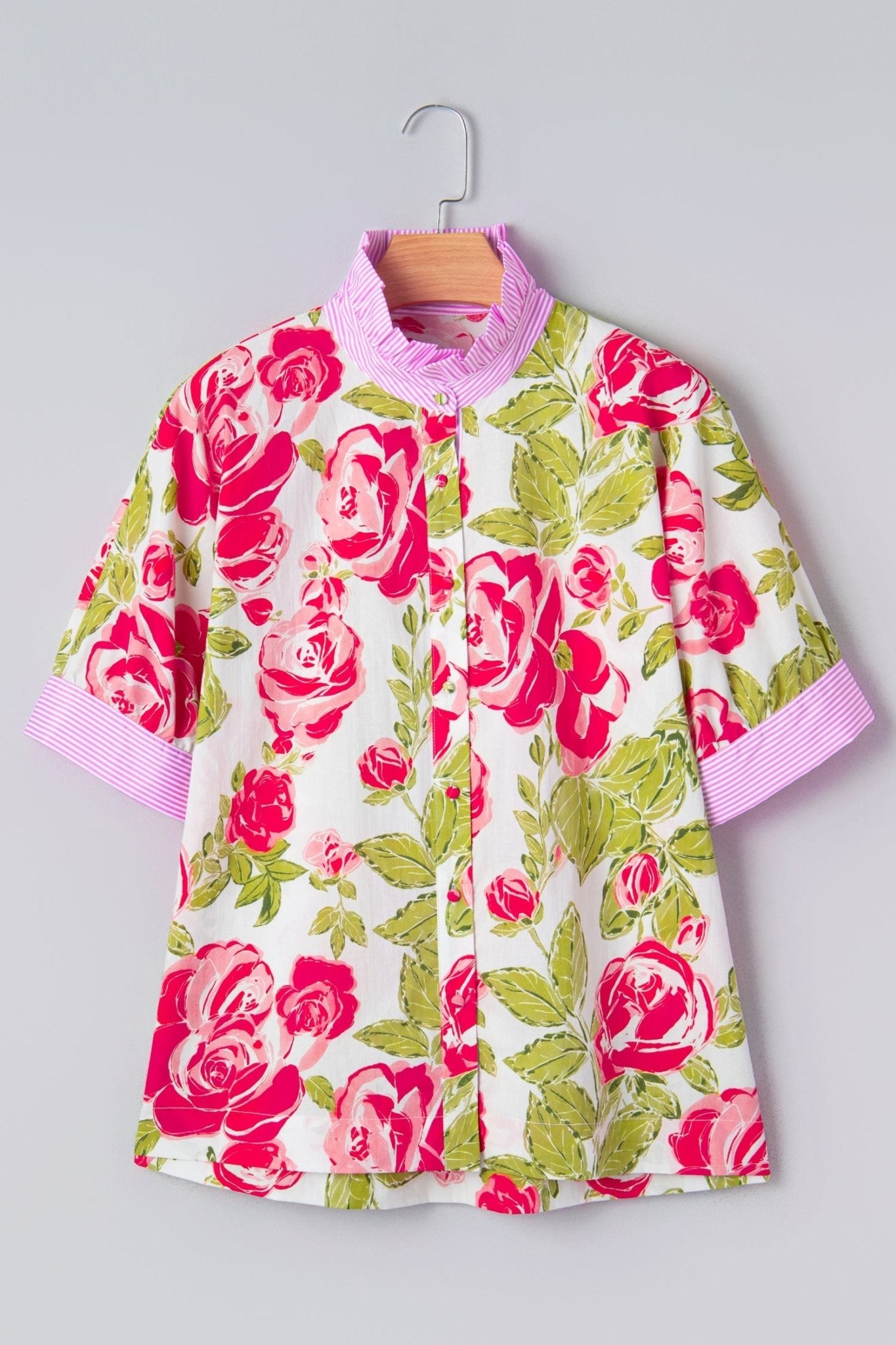 Floral Stripe Trim Frilled Collar Short Sleeve Shirt - Rooted & Reckless Co.