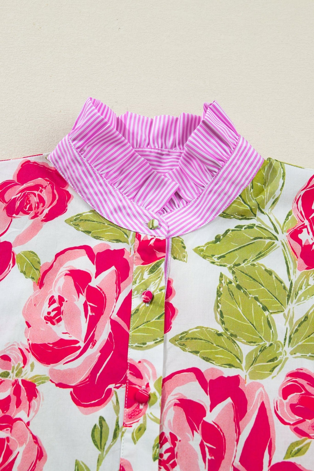 Floral Stripe Trim Frilled Collar Short Sleeve Shirt - Rooted & Reckless Co.
