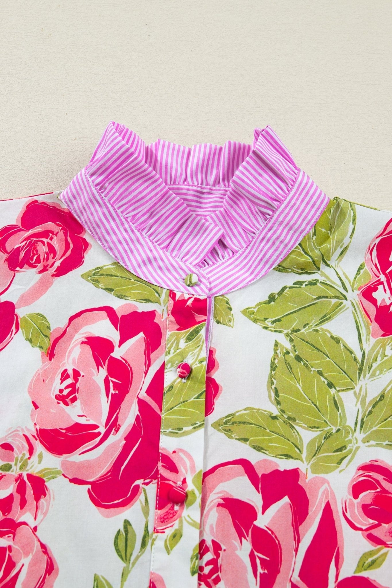 Floral Stripe Trim Frilled Collar Short Sleeve Shirt - Rooted & Reckless Co.