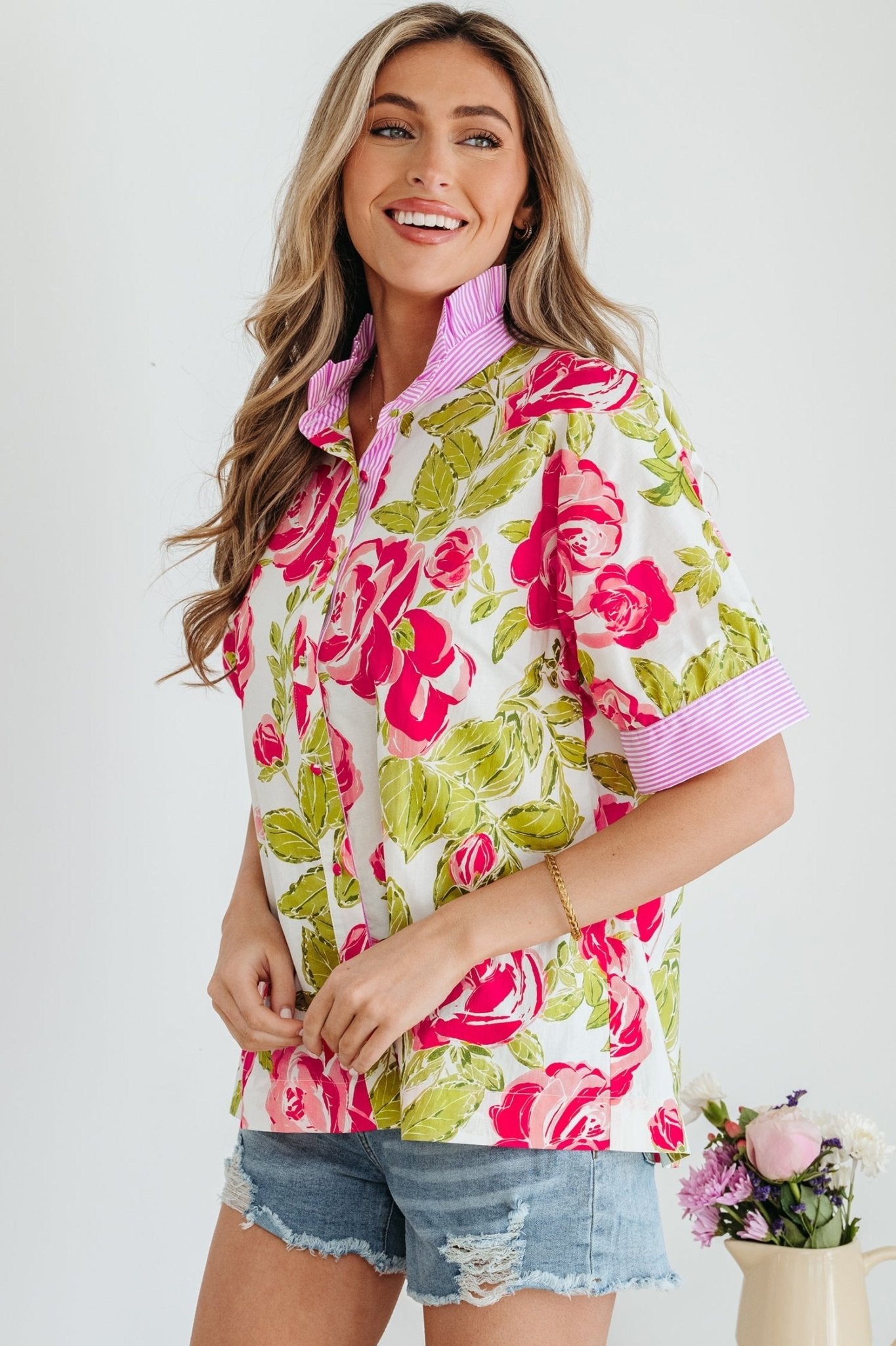 Floral Stripe Trim Frilled Collar Short Sleeve Shirt - Rooted & Reckless Co.