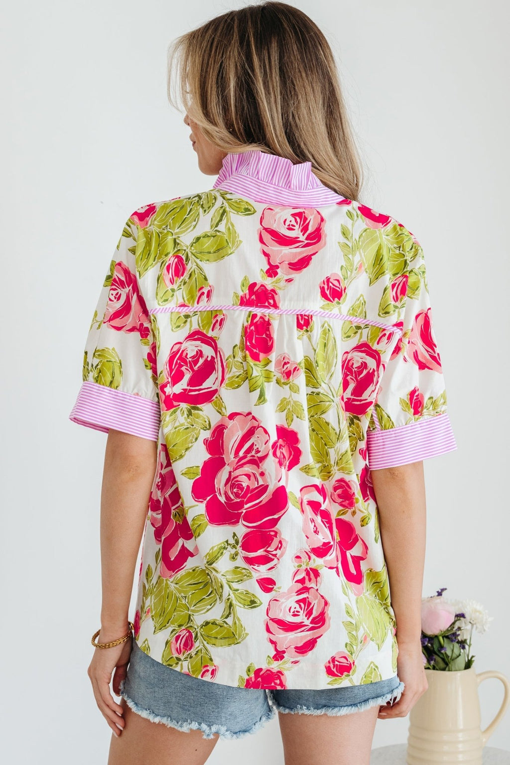 Floral Stripe Trim Frilled Collar Short Sleeve Shirt - Rooted & Reckless Co.