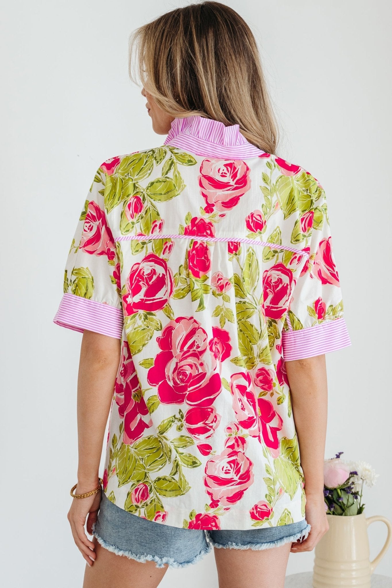 Floral Stripe Trim Frilled Collar Short Sleeve Shirt - Rooted & Reckless Co.
