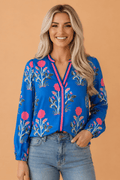Floral Stripe Trim Notch Neck Long Sleeve Blouse - Rooted & Reckless Co.
