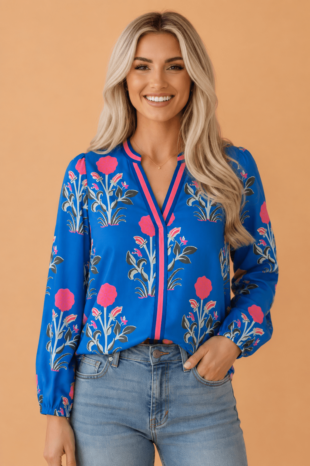 Floral Stripe Trim Notch Neck Long Sleeve Blouse - Rooted & Reckless Co.