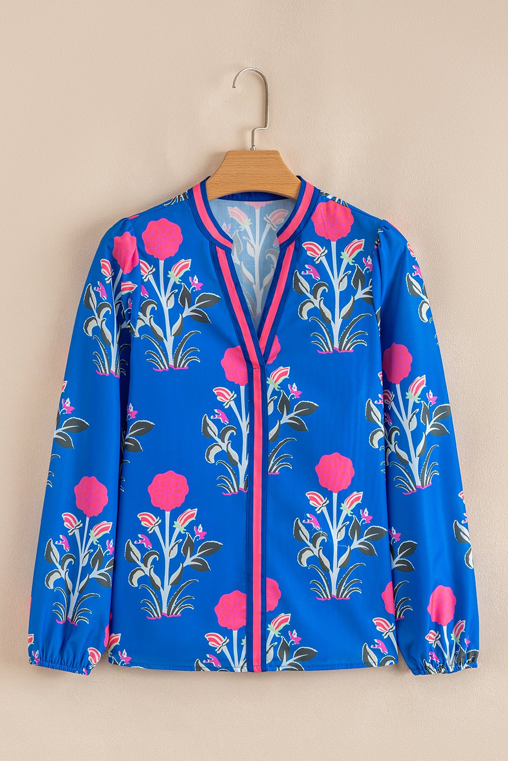 Floral Stripe Trim Notch Neck Long Sleeve Blouse - Rooted & Reckless Co.