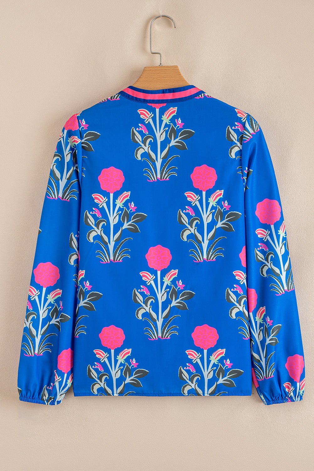 Floral Stripe Trim Notch Neck Long Sleeve Blouse - Rooted & Reckless Co.