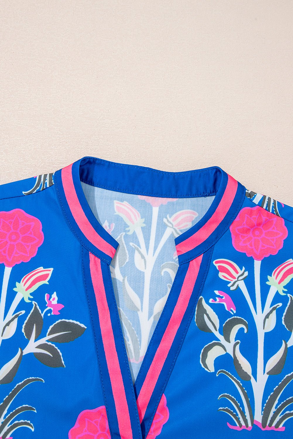 Floral Stripe Trim Notch Neck Long Sleeve Blouse - Rooted & Reckless Co.