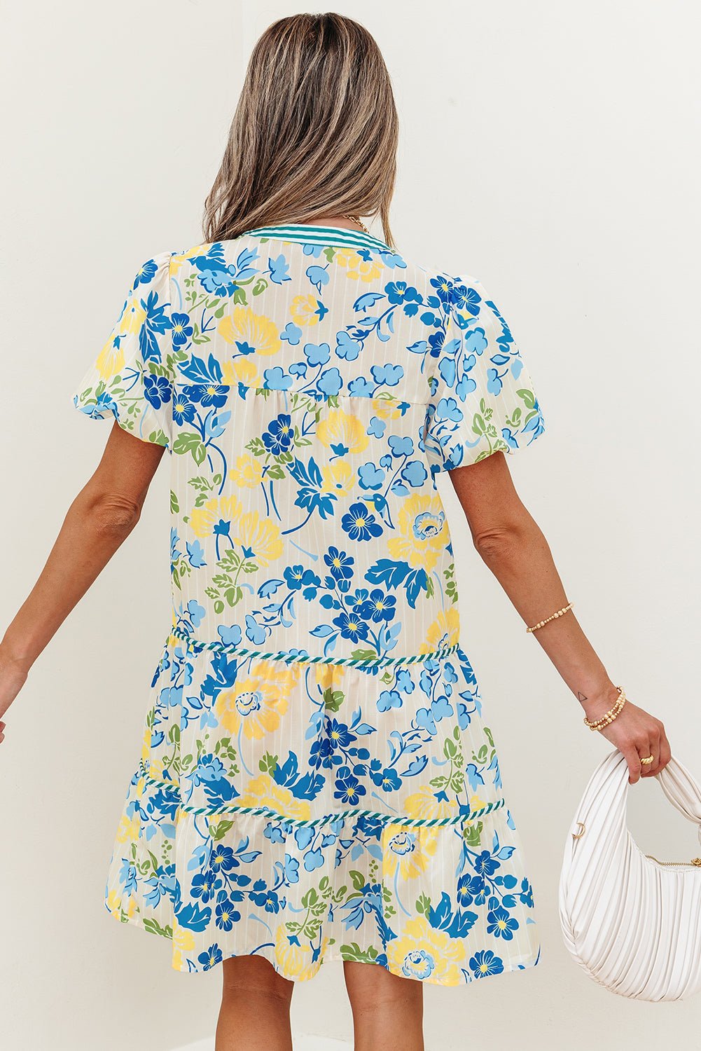 Floral Stripe Trim Puff Short Sleeve Dress - Rooted & Reckless Co.