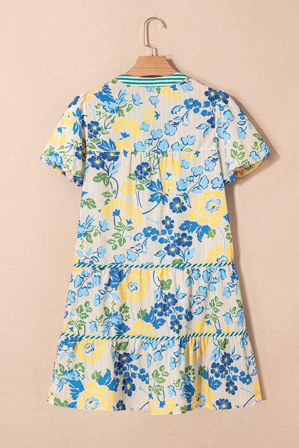 Floral Stripe Trim Puff Short Sleeve Dress - Rooted & Reckless Co.