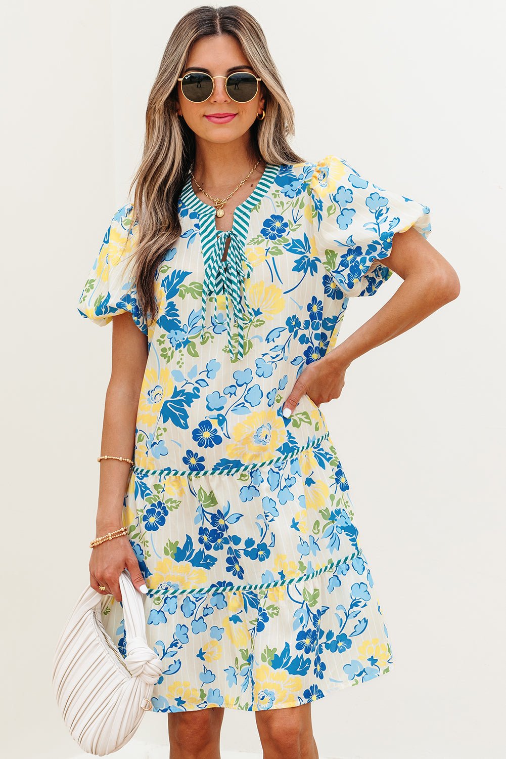 Floral Stripe Trim Puff Short Sleeve Dress - Rooted & Reckless Co.