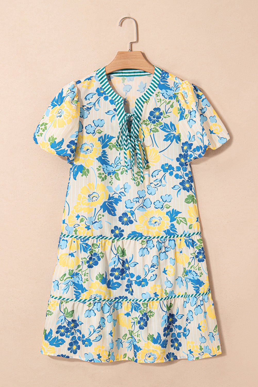 Floral Stripe Trim Puff Short Sleeve Dress - Rooted & Reckless Co.