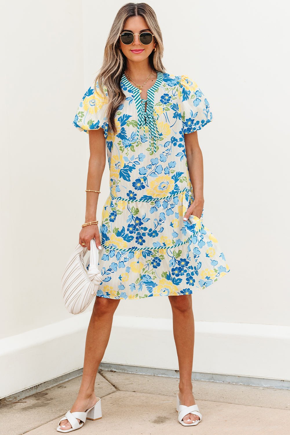 Floral Stripe Trim Puff Short Sleeve Dress - Rooted & Reckless Co.