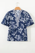 Floral Stripe Trim Puff Sleeve V-Neck Blouse - Rooted & Reckless Co.