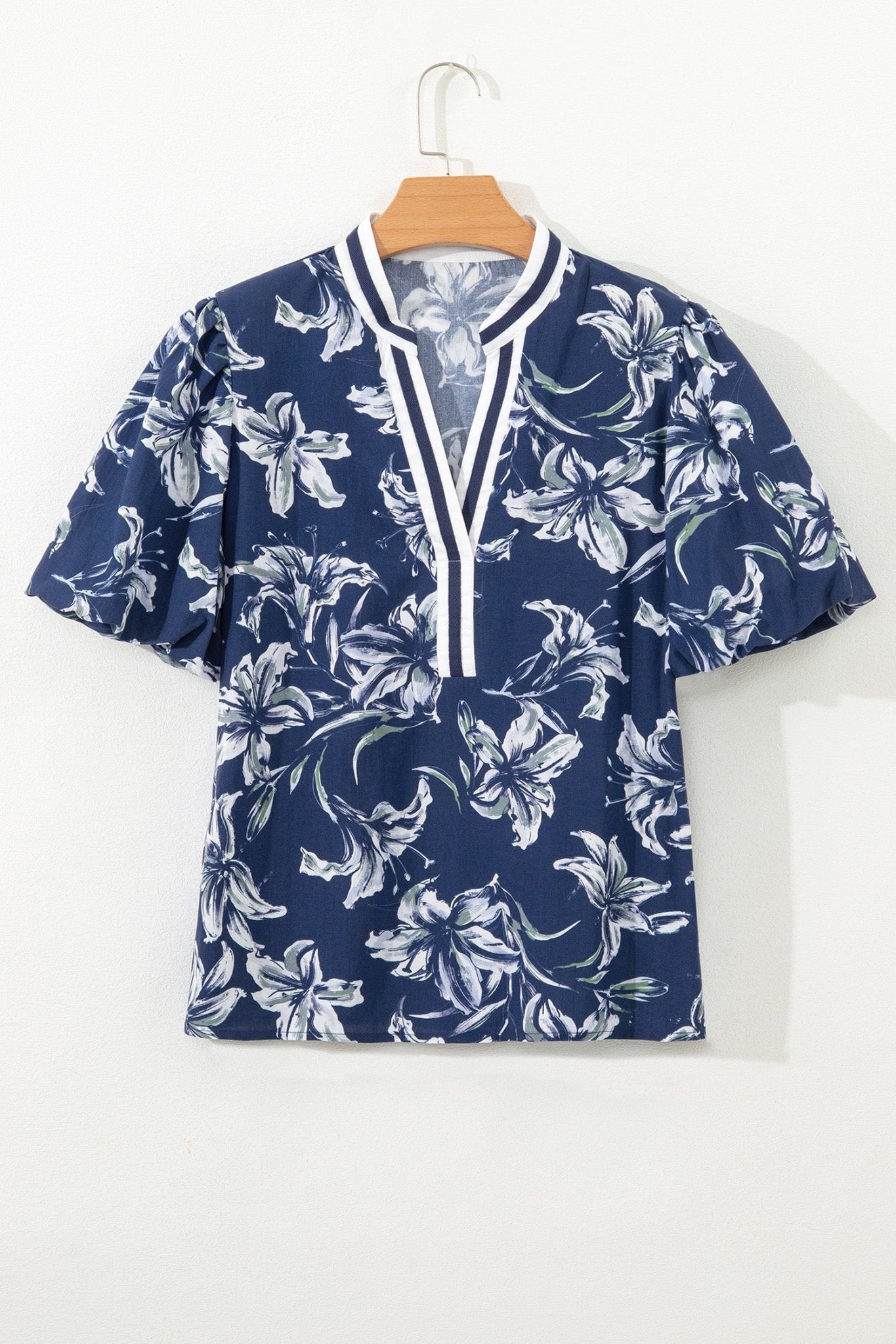 Floral Stripe Trim Puff Sleeve V-Neck Blouse - Rooted & Reckless Co.