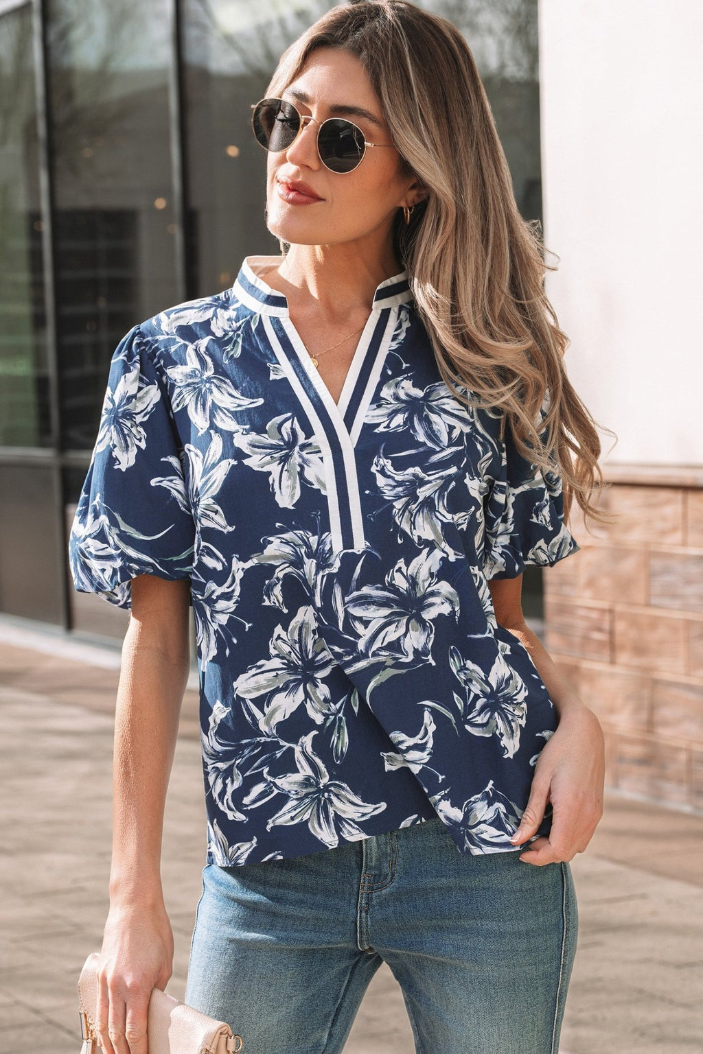 Floral Stripe Trim Puff Sleeve V-Neck Blouse - Rooted & Reckless Co.