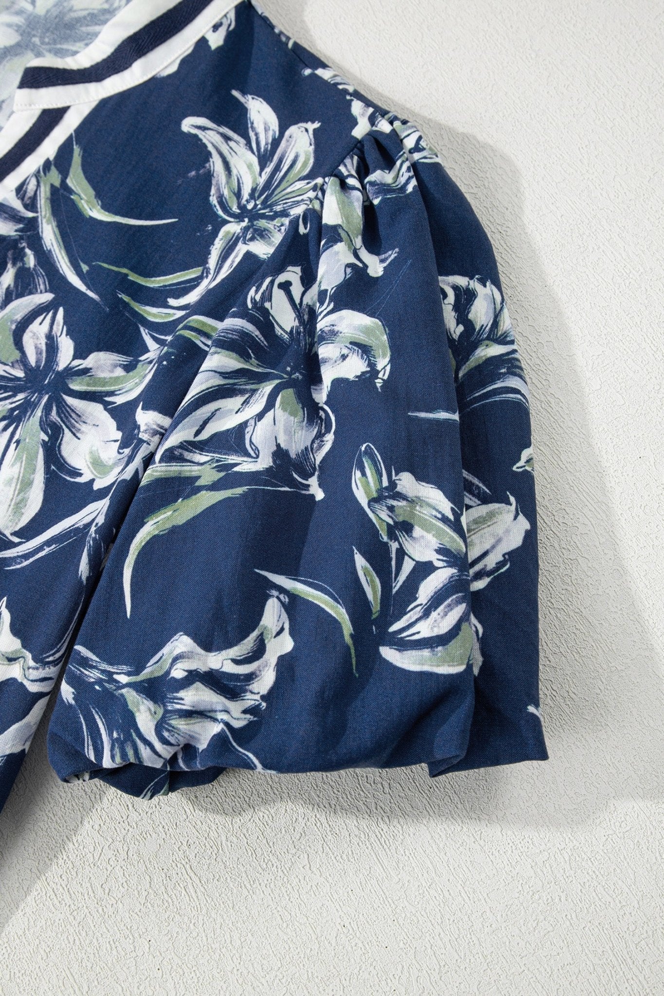 Floral Stripe Trim Puff Sleeve V-Neck Blouse - Rooted & Reckless Co.
