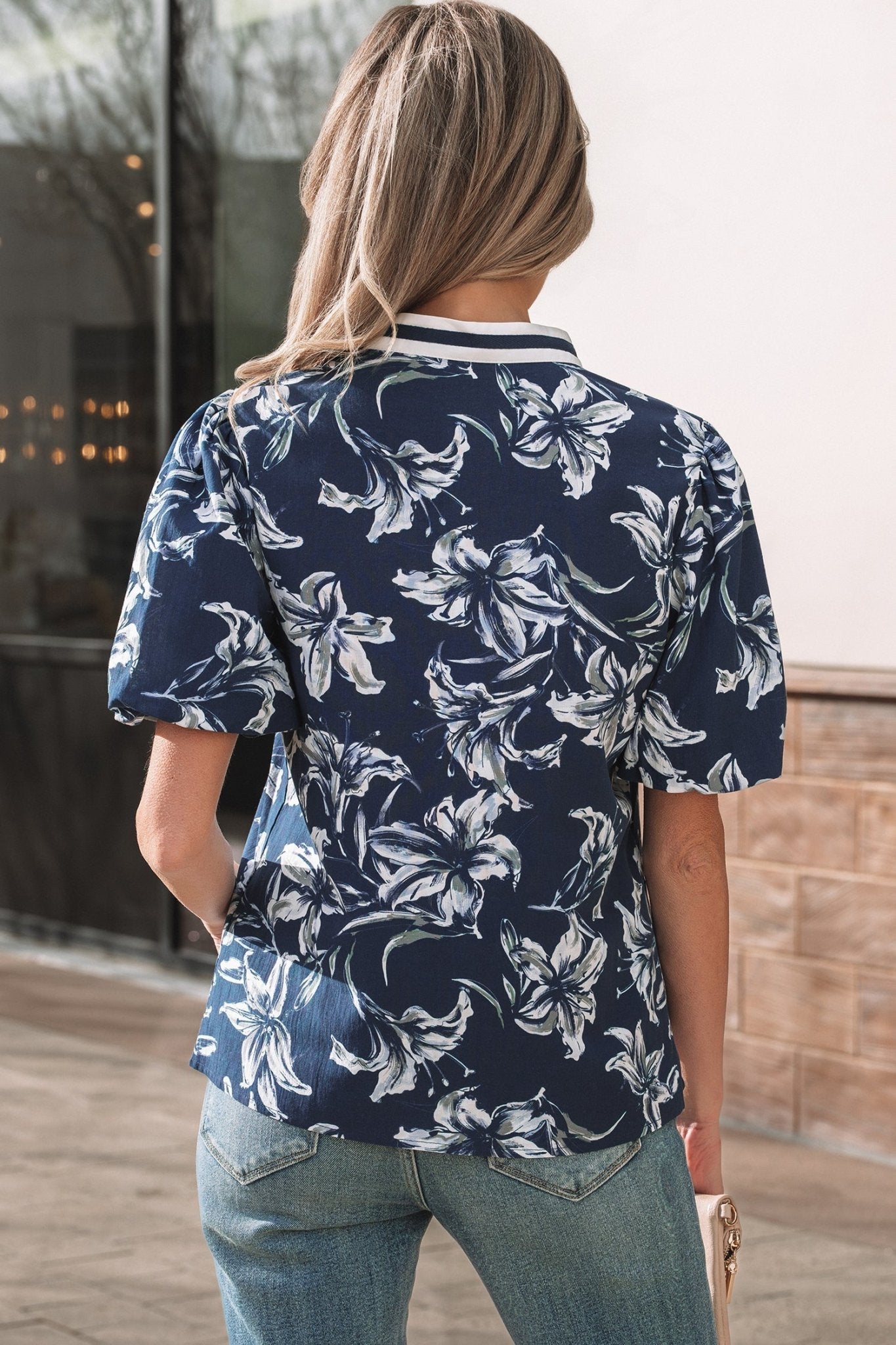 Floral Stripe Trim Puff Sleeve V-Neck Blouse - Rooted & Reckless Co.