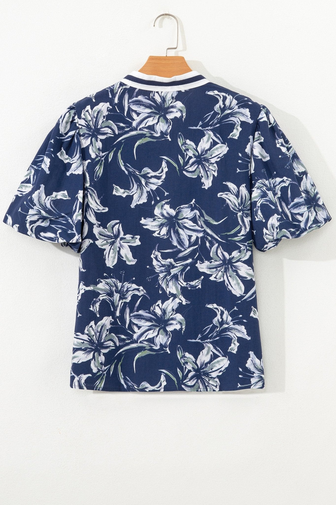 Floral Stripe Trim Puff Sleeve V-Neck Blouse - Rooted & Reckless Co.