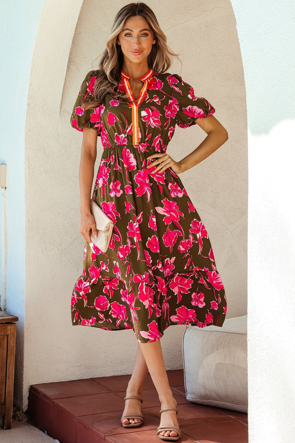 Floral Stripe Trim Short Puff Sleeve Maxi Dress - Rooted & Reckless Co.