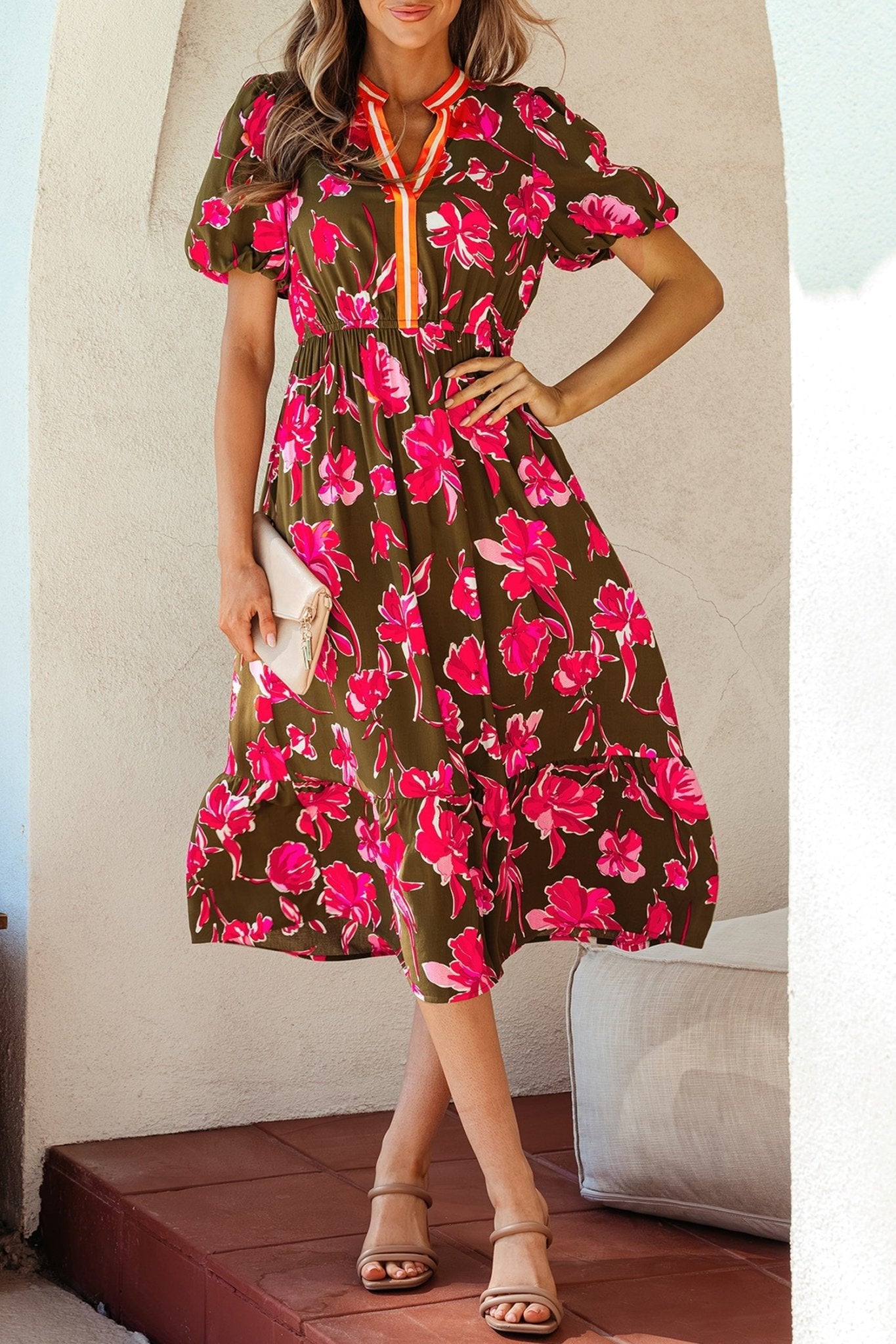 Floral Stripe Trim Short Puff Sleeve Maxi Dress - Rooted & Reckless Co.