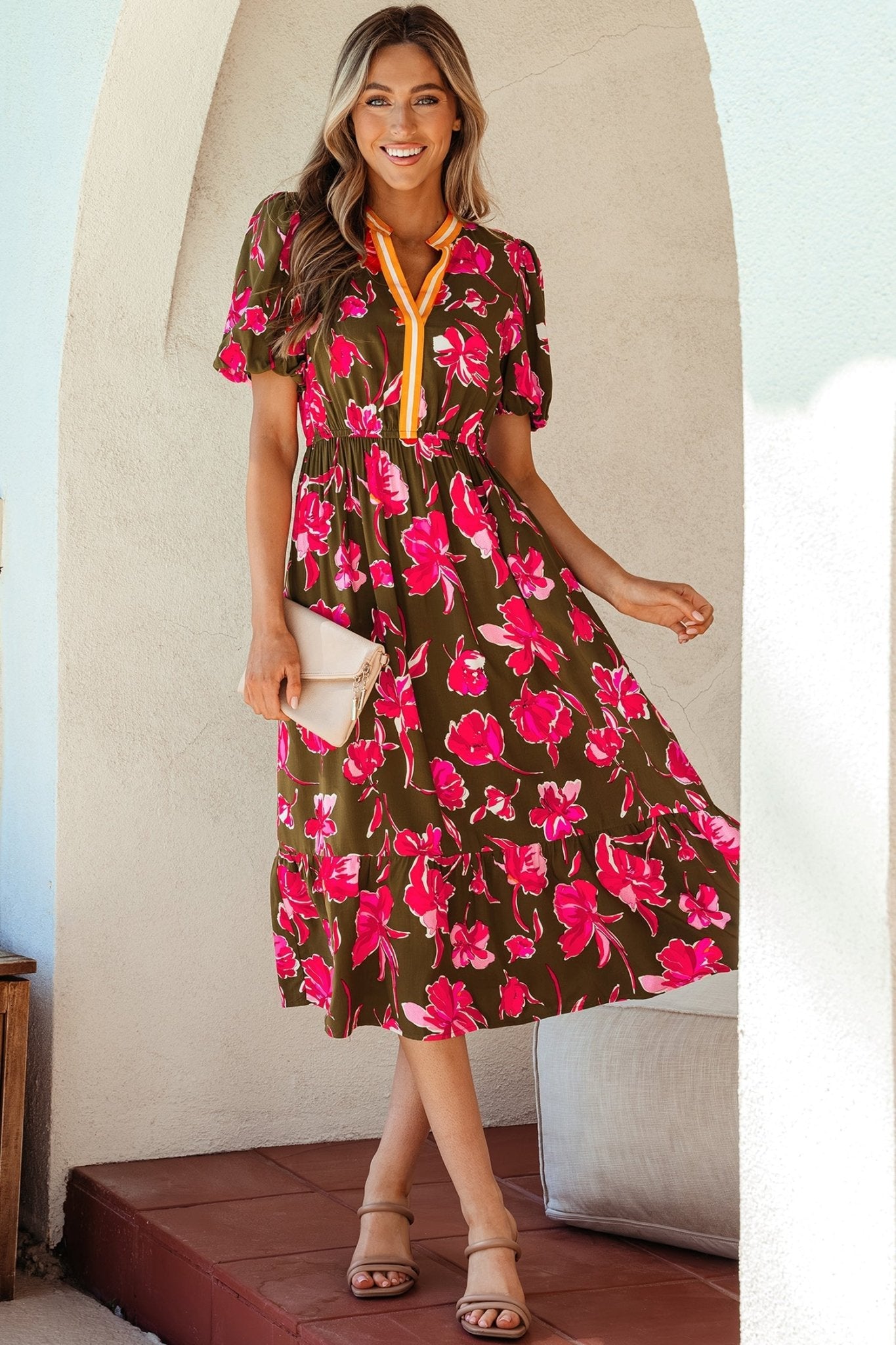 Floral Stripe Trim Short Puff Sleeve Maxi Dress - Rooted & Reckless Co.