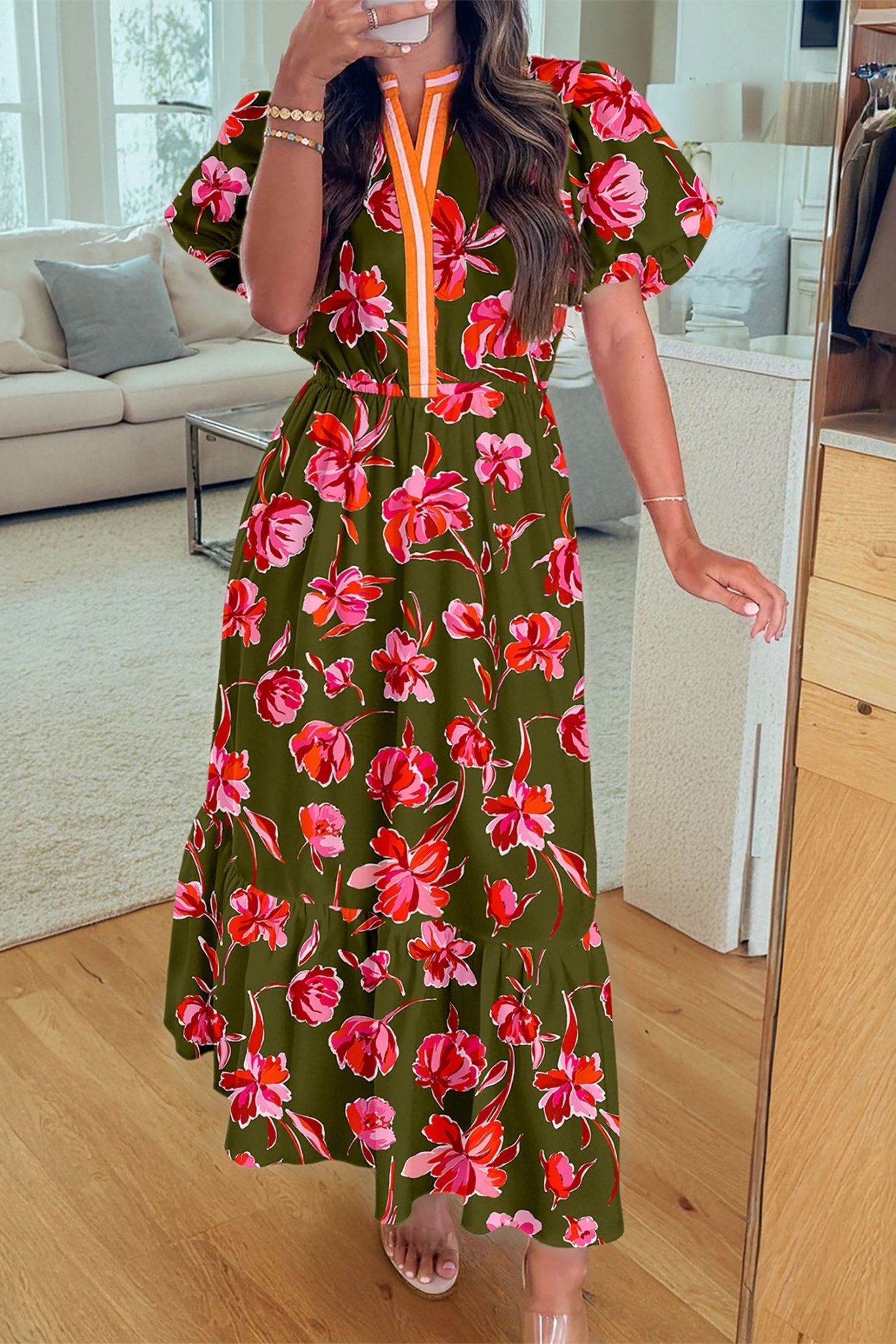 Floral Stripe Trim Short Puff Sleeve Maxi Dress - Rooted & Reckless Co.