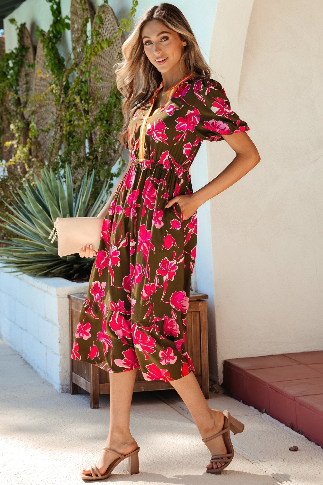 Floral Stripe Trim Short Puff Sleeve Maxi Dress - Rooted & Reckless Co.