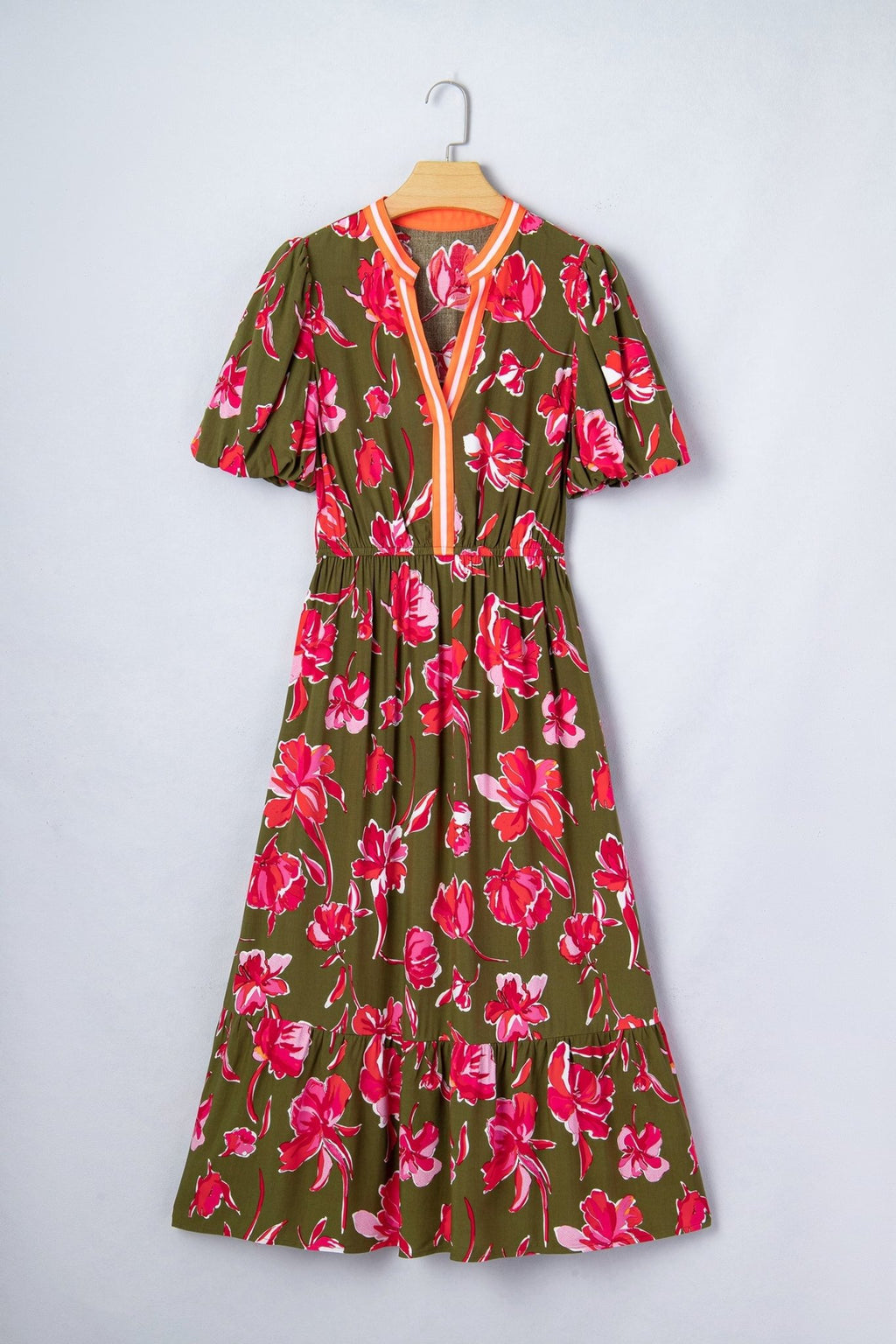 Floral Stripe Trim Short Puff Sleeve Maxi Dress - Rooted & Reckless Co.