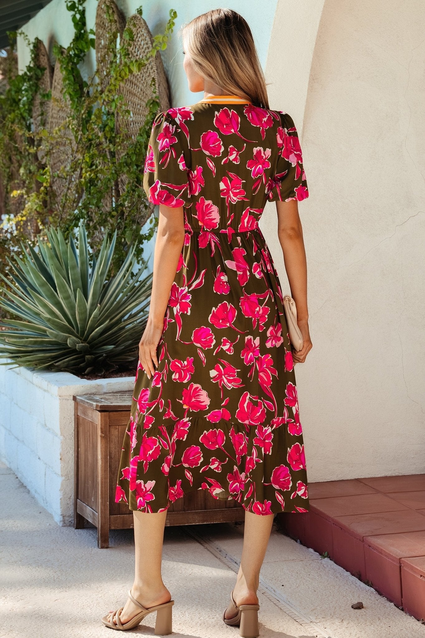 Floral Stripe Trim Short Puff Sleeve Maxi Dress - Rooted & Reckless Co.