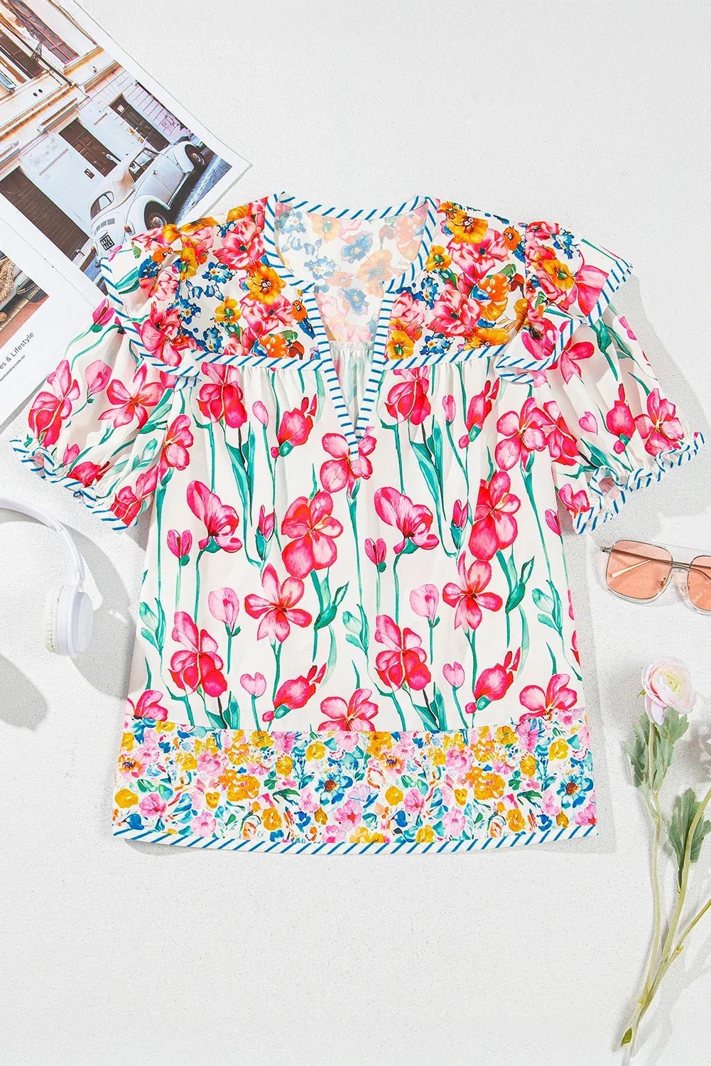 Floral Stripe Trim Split Neck Short Sleeve Blouse - Rooted & Reckless Co.