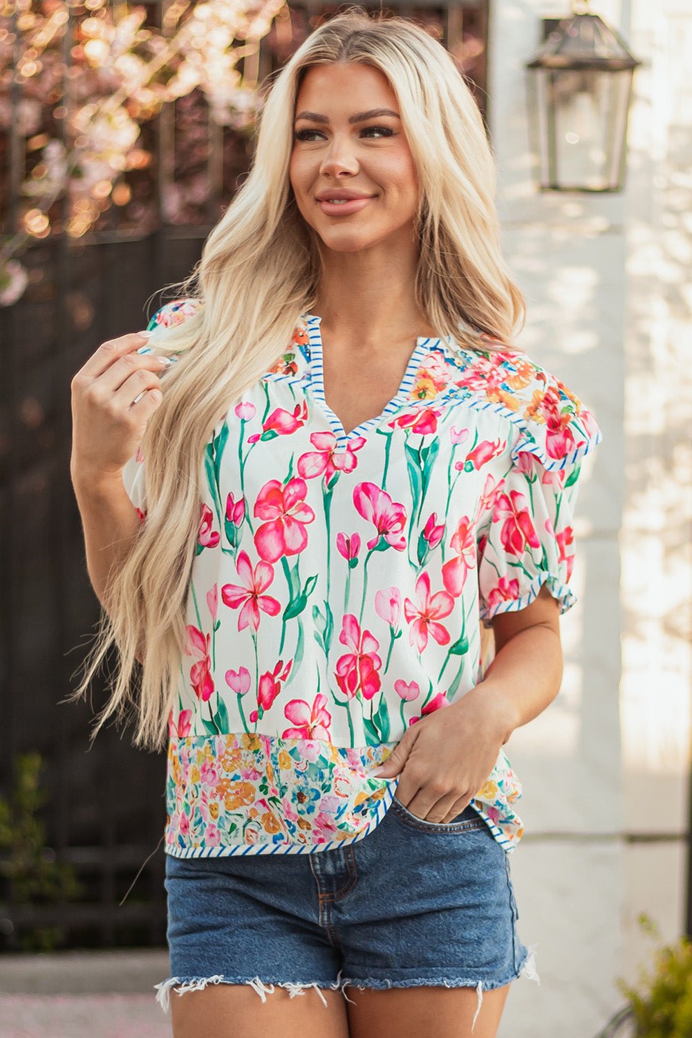 Floral Stripe Trim Split Neck Short Sleeve Blouse - Rooted & Reckless Co.