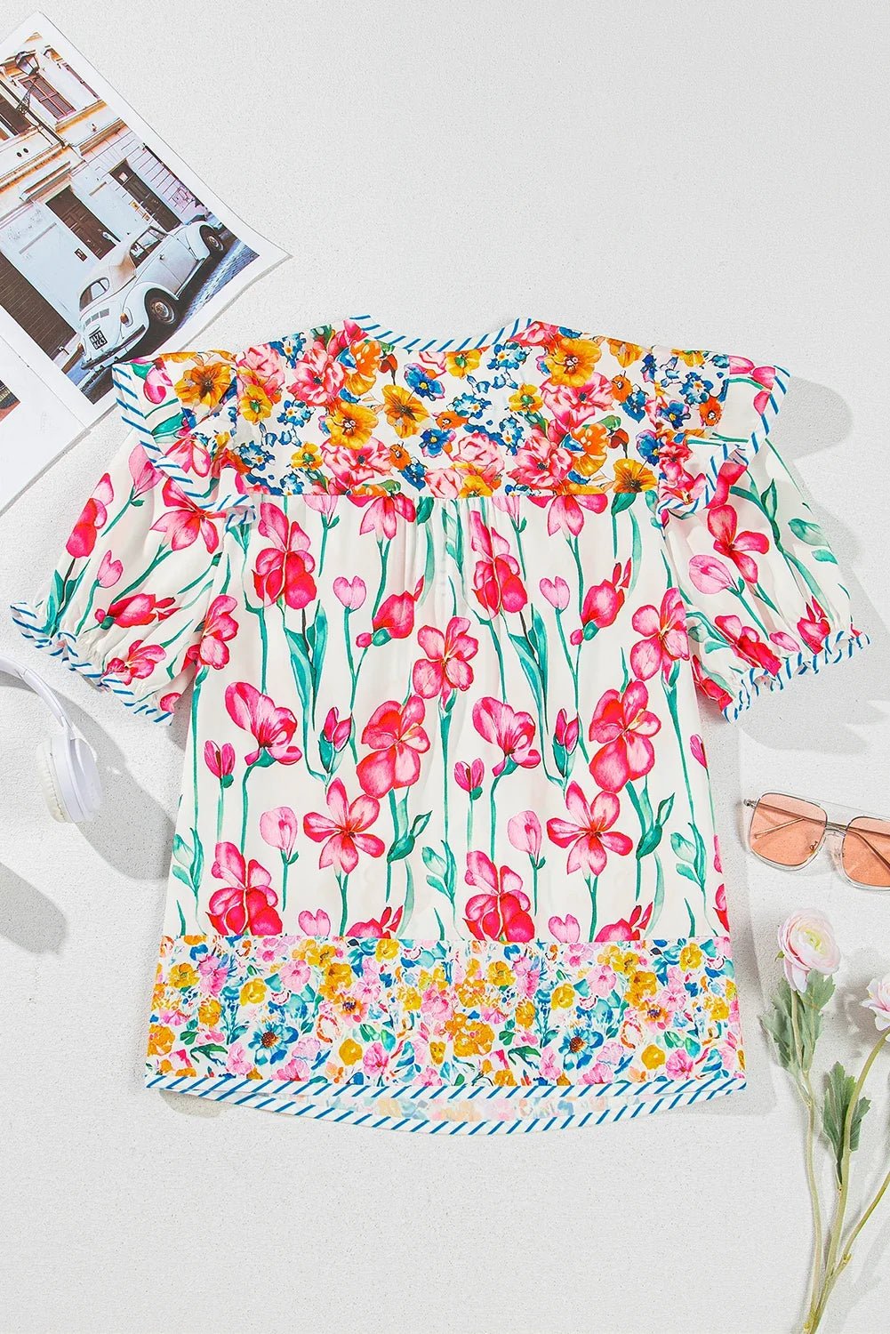 Floral Stripe Trim Split Neck Short Sleeve Blouse - Rooted & Reckless Co.