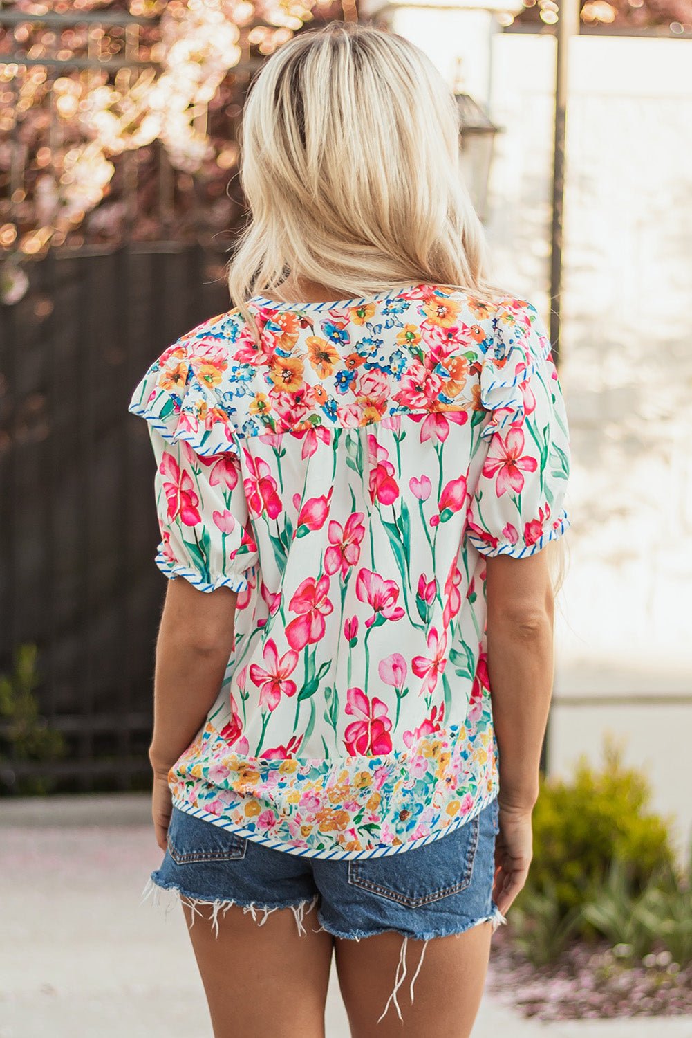 Floral Stripe Trim Split Neck Short Sleeve Blouse - Rooted & Reckless Co.