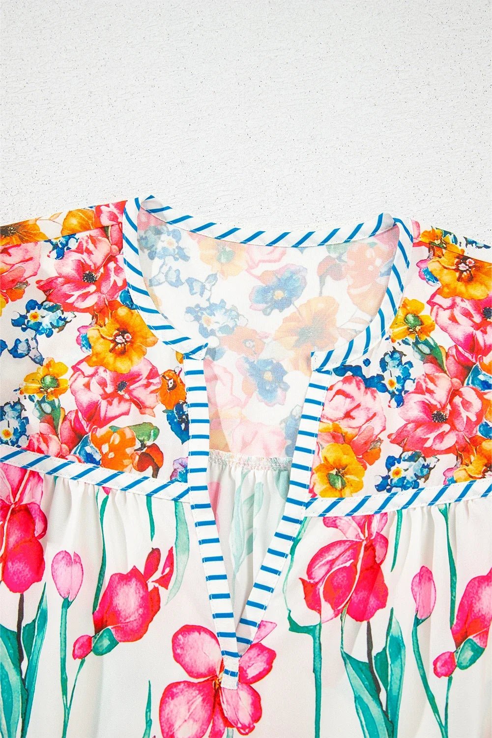 Floral Stripe Trim Split Neck Short Sleeve Blouse - Rooted & Reckless Co.